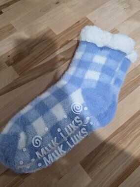 MUK LUKS Sock Long Cabin Slippers blue and white gingham NWT